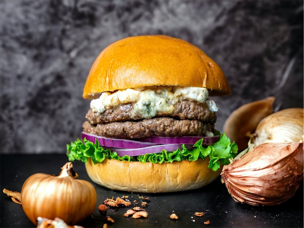 Wagyu Beef Burger with Blue Cheese & Caramelized Onions